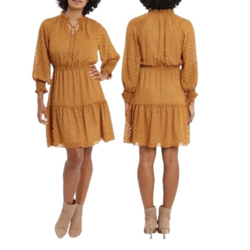 London Times Aztec Burnout Ruffle Dress In Terracotta With Gold Threading Sz. 12 - Picture 3 of 13